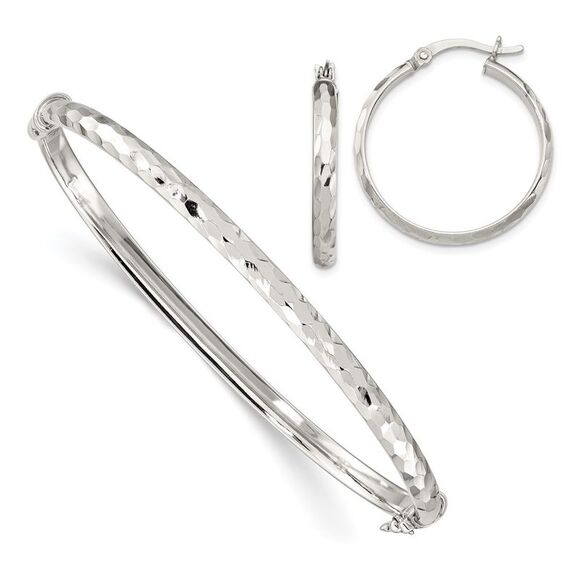 Kazi Luxury Sterling Silver D/C 4mm Bangle and 3mm Hoop Earring Set